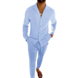 Wiaofellas  -  All Match Men's Tracksuit Fashion Solid Two Piece Slim Suit Autumn New Long Sleeve Button Shirts Top&Drawstring Pants Set
