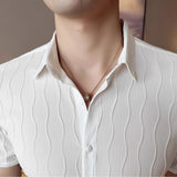 WIAOFELLAS  -  Men's Slim-Fit Striped Short-Sleeve Shirt | British-Style Casual Summer Top, Breathable Wavy Stripe Design Fashionable Leisure