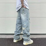 Wiaofellas  -  American Style Ripped Men's High Street Vintage Washed Destroyed Wide Leg Cotton Denim Pants Mid Waist Zipper Fly Long Trousers