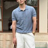 Wiaofellas  -  Old Money Mens Jacquard Shirts Stylish Turn Down Collar Short Sleeve Polo Shirts Summer Slim Breathable Button Men Tops