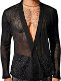 Wiaofellas  -  Sexy V Neck Buttoned Mesh Shirts Men Beach Fashion See Through Long Sleeve Shirt For Mens Spring Casual Loose Solid Color Shirts