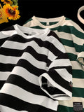 WIAOFELLAS  -  Men Summer Street Casual Striped T-shirt with Soft Fabric College Style Short-sleeved T-shirt Oversized Men's T-shirt B112