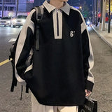 WIAOFELLAS  -  Spring and Autumn Fashion Trend Half Zip Polo Collar Panel Contrast Color Casual Loose Fit Student Versatile Simple Sweater