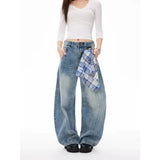 Wiaofellas  -  American Retro Baggy Jeans for Men Women Wide Leg Denim Trousers With Removable Plaid Scarf Streetwear Loose Fit Pants