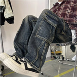 Wiaofellas  -  Men's Patchwork Blue Cargo Jeans Unisex Straight Casual Trousers Men Muti-pockets Hip Hop Streetwear 90s Vintage Fashion Pants
