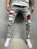 Wiaofellas  -  Skinny Ripped Jeans Men  Fashion Grid Beggar Patches Slim Stretch Casual Denim Pencil Pants Painting Jogging Trousers Men