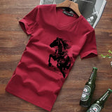 Wiaofellas  -  Men's V-neck Cotton T-shirt Chinese Style Horse Print Short Sleeve Slim Fit Casual Summer Tee