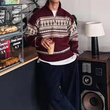 Wiaofellas  -  Fall Winter New Casual Men's Knit Jumpers Vintage Pattern Print Knitting Sweater Tops Men Fashionable Lapel Zipper Sweater