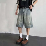 WIAOFELLAS  -  Washing Men's Denim Shorts Solid Color Hole Design Straight Jeans Woen-out Wide Leg Baggy Male Bottom Summer