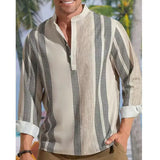 WIAOFELLAS  -  New Casual Beach Breathable Shirt Men Leisure Long Sleeve Buttoned Stripe Splicing Color Loose Tops Mens Cotton Linen Shirts