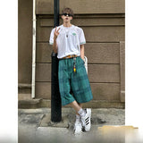 Wiaofellas  -  Blue Plaid Men's Summer Trendy American Retro Five-Point Loose BF Lazy Sle Sports Pants Straight Leg mid Waist Elastic