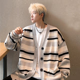 WIAOFELLAS  -  Autumn Striped Cardigan Sweater Men Korean Knitted Sweater Pullover Harajuku Hip Hop Streetwear Loose Knitwear Coat Male Clothes