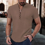 Wiaofellas  -  Men's Short Sleeve Linen Shirt Summer Lightweight Casual V-Neck T-Shirt Men Basic Solid Color Loose Fit Top