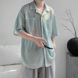 WIAOFELLAS  -  Korean Style Men's Shirts Lapel Hollow Out Knitting Single Breasted Tops Short Sleeved Pocket Loose Male Tops Trend