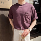 Wiaofellas  -  Trendy Pockets Pure Color Cotton T Shirt Men Short Sleeve O Neck Casual Tees For Male Summer Fashion Simple Loose Mens T-shirts