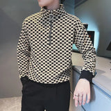 Wiaofellas  -  Fashion Stand Collar Zipper Printed Plaid Sweatshirts Mens Clothing Winter Loose Casual Tops All-match Warm Sweatshirts