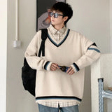 WIAOFELLAS  -  Autumn Winter New Men's Korean Loose Knitted V-neck Casual Sweater Outdoor Fashion Trend Comfortable Breathable Hoodie