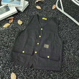 WIAOFELLAS  -  V-neck Men's Tank Tops Single Breasted Solid Color Sleeveless Casual Menswear Loose Pocket Malek Vests Summer