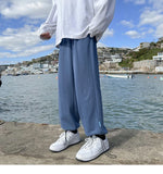 WIAOFELLAS  -  Trendy White Dstring Trousers for Men Casual Loose Fit Low Waist Long Pants Youthful Energy Sle Summer Thin Material