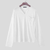 WIAOFELLAS  -  Men T Shirt Solid V Neck Long Sleeve Pockets Men Clothing Streetwear Loose Fashion Casual Male Tee Tops Translucent