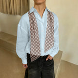 WIAOFELLAS  -  Men Shirt Solid Color Lapel Long Sleeve Men Clothing Plaid Scarf Streetwear Loose Cotton Fashion Casual Tops Male Shirts