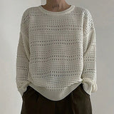 Wiaofellas  -  Vintage Solid Color Mens Sweaters Knitted Ribbed Crew Neck Long Sleeve Jumper Tops Men Knitwear Fashion Loose Knitting Pullover