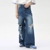 Wiaofellas  -  Personality Male Straight Jeans Hole Worn-out Loose Wide Leg Denim Pants Washed Casual Men's Trousers New Summer