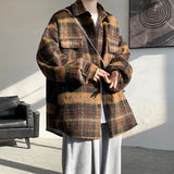 WIAOFELLAS  -  Winter Woolen Coat Men Warm Retro Thick Plaid Woolen Jacket Men Streetwear Korean Loose Short Woolen Coat Mens Thicken Jackets