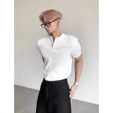 Wiaofellas  -  New Summer Men White Henry Neck Top Regular Shoulder Short Sleeve Polo Shirt Stylish Minimal Daily Casual Wear With High