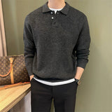 WIAOFELLAS  -  Korean New Men's Polo Neck Sweater Luxury Knitted Long Sleeve Pullover Autumn Casual Solid Color Streetwear Leisure Knitwear Top