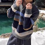 WIAOFELLAS  -  Fall Winter New Casual Knit Polo Sweaters Men Vintage Striped Crochet Knitting Jumper Tops Mens Trendy Long Sleeve Slim Sweater