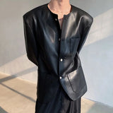 WIAOFELLAS  -  Spring And Summer New Men's Pu Leather Solid Color Suit Jacket Korean Retro Fashion Trend High Street Casual Slim Men's Tops