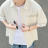 WIAOFELLAS  -  Men's Oversized Striped Casual Shirt - Korean Fashion Trend Short Sleeve Button-Down Collared Top  Stylish Layered Streetwear