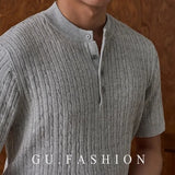 Wiaofellas  -  Men's Henley Short Sleeve Knit T-Shirt Summer Breathable Cable Texture Slim Fit Old Money Style Top Youth Street Tees