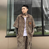 Wiaofellas  -  American Retro Leopard Print Casual Set Men Summer Lapel Short Sleeve Shirts Wide Leg Shorts Fashion 2pcs Sets Korean Loose Suit