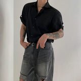 WIAOFELLAS  -  Mens Short-Sleeved Shirt Summer Daily Korean Style Roll-Tab Sleeves Trendy Shirt Loose Casual High-End Thin Lapel Mens T-Shirt