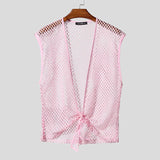 WIAOFELLAS  -  Summer Men Tank Tops Mesh Hollow Out Sleeveless V Neck Lace Up Male Vests 2025 See Through Vacation Cardigan Men S-5XL