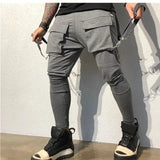 Wiaofellas  -  Mens Running Stretch Tights Sweatpants Sports Breathable Fitness Hip Hop Cotton Multi Pocket Cargo Pants Slim Leggings Chain