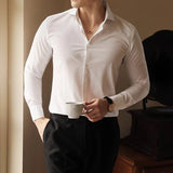 WIAOFELLAS  -  Plus Size Long Sleeve V-Neck Solid Shirts for Men Autumn Spring Slim Fit Business Formal Mens Shirt Fashion Trendy Mens Clothing