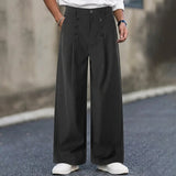 Wiaofellas  -  Men's Vintage Vertical Striped Double Button Suit Pants Spring Autumn Wide Leg Loose A Line Pleated Formal Work Business Pants