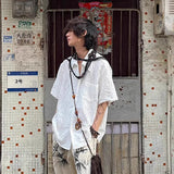 WIAOFELLAS  -  Fashion Men Solid Color Pleated Embroidery Lapel Loose Shirt Trendy Short Sleeve Single-breasted Shirts Male Summer