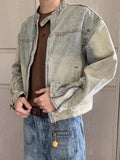 WIAOFELLAS  -  Spring Autumn Vintage Heavyweight Stand Collar Denim Jacket Men's American Style Washed Short Jean Coat Couple's Trendy Jacket