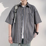 Men's Casual Breathable Short Sleeve Shirt Vertical Stripe Color-Block Lapel Relaxed Fit Trendy Summer Style Top