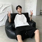 Wiaofellas  -  Men Summer Color Block Knit 2 Piece Set Loose Breathable Short Sleeve Top + Shorts Casual Outfit
