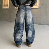 Wiaofellas  -  Unisex Vintage Crack Lightning Print Baggy Jeans High Waist Curved Banana Wide Leg Loose Oversized Streetwear Denim Trousers
