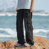 WIAOFELLAS  -  England Style Trousers Cargo Spring Autumn Solid Color Elastic High Waisted Men's Clothing Pockets Casual Retro Cropped Pants