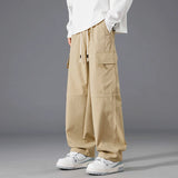 WIAOFELLAS  -  Men's Clothing Elastic Cargo Straight Trousers Solid Color High Waist Pockets Spring Autumn Drawstring Casual Loose Pants