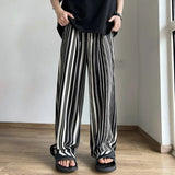 Wiaofellas Summer Pleated Pants Men Fashion Oversized Ice Silk Pants Men Streetwear Korean Loose Straight Striped Pants Mens Trousers M-2XL