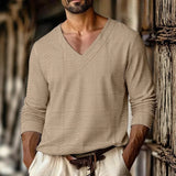 Wiaofellas  -  Autumn New Men's Plaid Pattern Jacquard Fabric V-neck Casual Sports Off-shoulder Sleeve Long-sleeved T-shirt