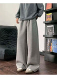 WIAOFELLAS  -  Koreann Style Men Sweatpants Casual Solid Color Drawstring Straight Fleece Bottom Elastic Waist Wide Leg Male Pants